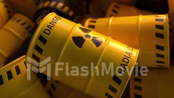 Dump of yellow and black barrels with nuclear radioactive waste. Danger of radiation contamination of industrial containers. 3D animation